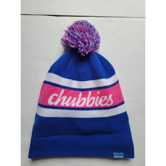 Chubbies Pink/Blue Pom Pom Winter Hat Casual Colorful Comfy Cozy Snow Hippie - Picture 6 of 6